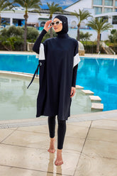 Burkini Modest Swimwear Set 4-Teilig Schwarz mit Weißen Ärmelakzenten "Marina" M2502